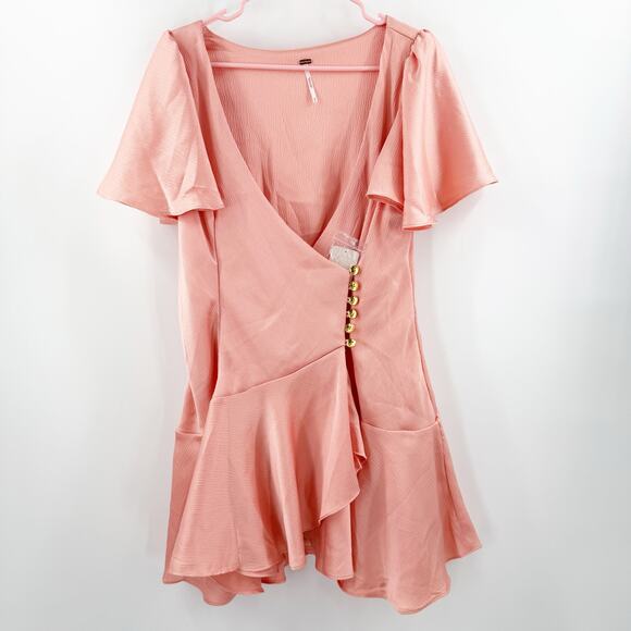 Free People Scarlett Dress Size Medium Mini Pink Peach Summer Button V-Neck NWT - Picture 4 of 16